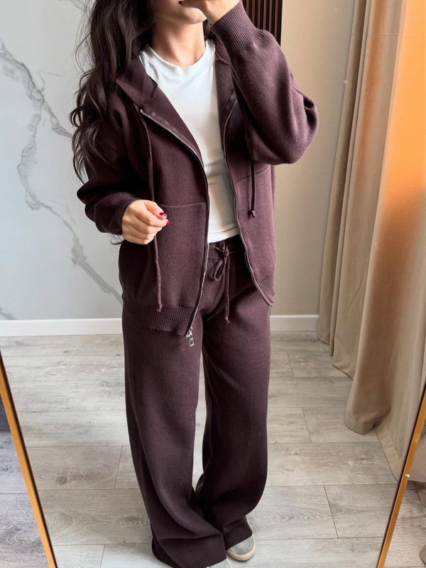 欧美跨境休闲女装纯色长袖拉链开衫连帽毛衣系带直筒裤二件套秋冬|undefined