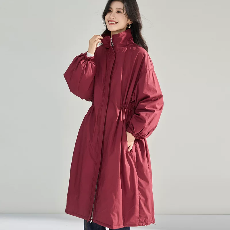 Demi-season trench coat, brace, down jacket, goose down, Korean style, loose fit, drawstring