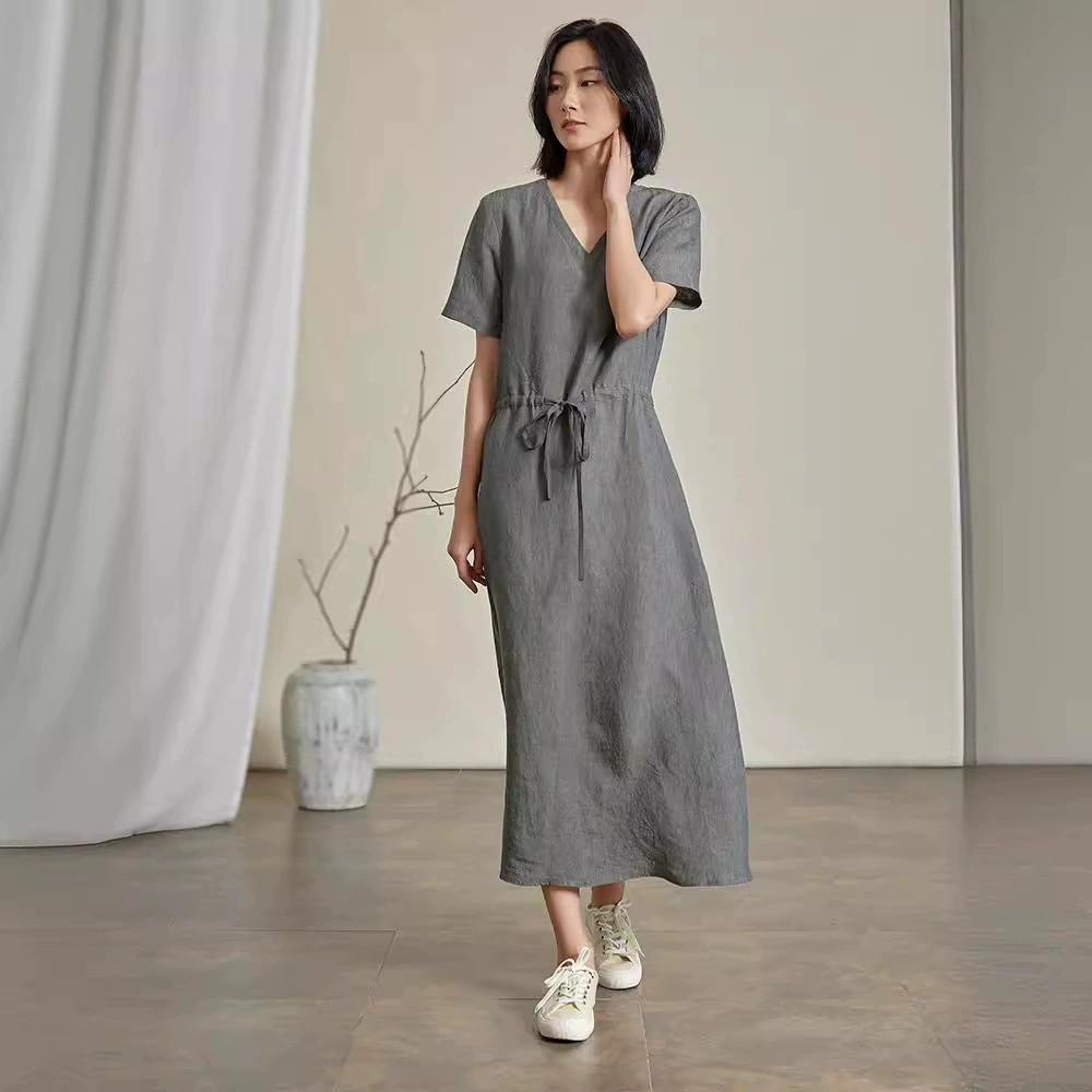 Новинка 2021, женское льняное, окрашенное в пряжу, простое длинное платье с короткими рукавами и V-образным вырезом, женское Свободное длинное платье на шнуровке