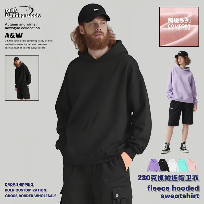 Cross-Border Autumn and Winter Hooded Sweatshirt Fleece Top American Long-Sleeved Loose Basic Style for Men and Women Factory Supply