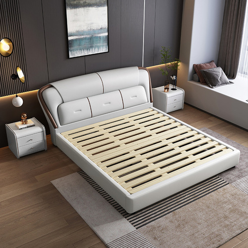 Nordic minimalist leather bed, technology fabric, soft-covered fabric bed, double bed, master bedroom, wedding bed, light luxury, edge-to-edge high box storage bed