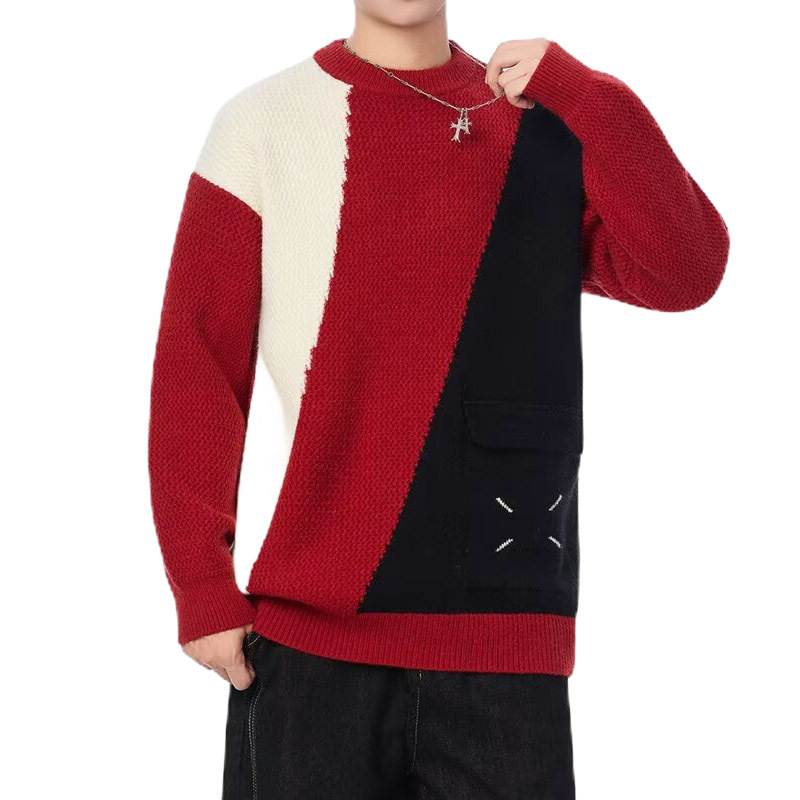 Explosiones transfronterizas de tamaño europeo tamaño grande color contrastante junta camiseta de punto suéter hombre cuello redondo alta fábrica de camiseta de otoño y invierno al por mayor