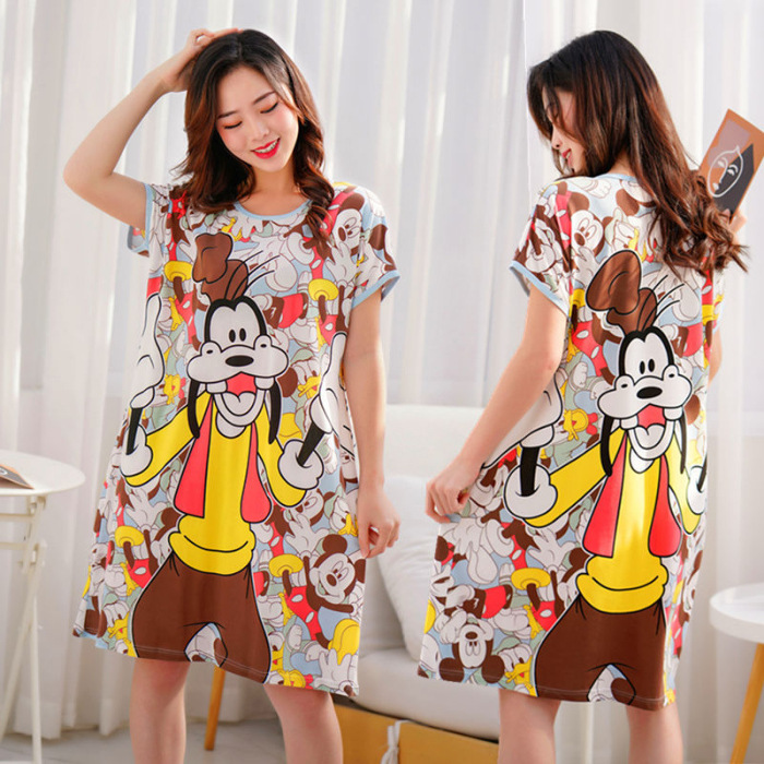 Camisón de las mujeres del verano Delgado manga corta nueva línea rojo estilo pijamas dibujos animados lindo señoras vestido flojo desgaste hogar