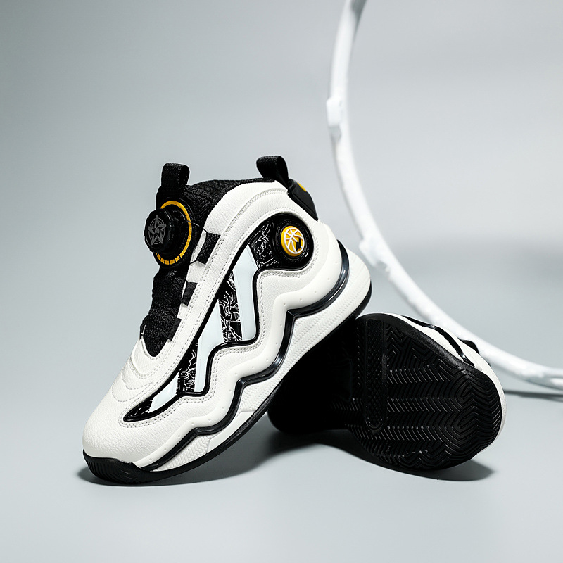 Zapatillas de baloncesto altas para niños, zapatos para niños con botones giratorios para niños, zapatillas de deporte antideslizantes para niños de mediana edad, estilo de cuero de otoño