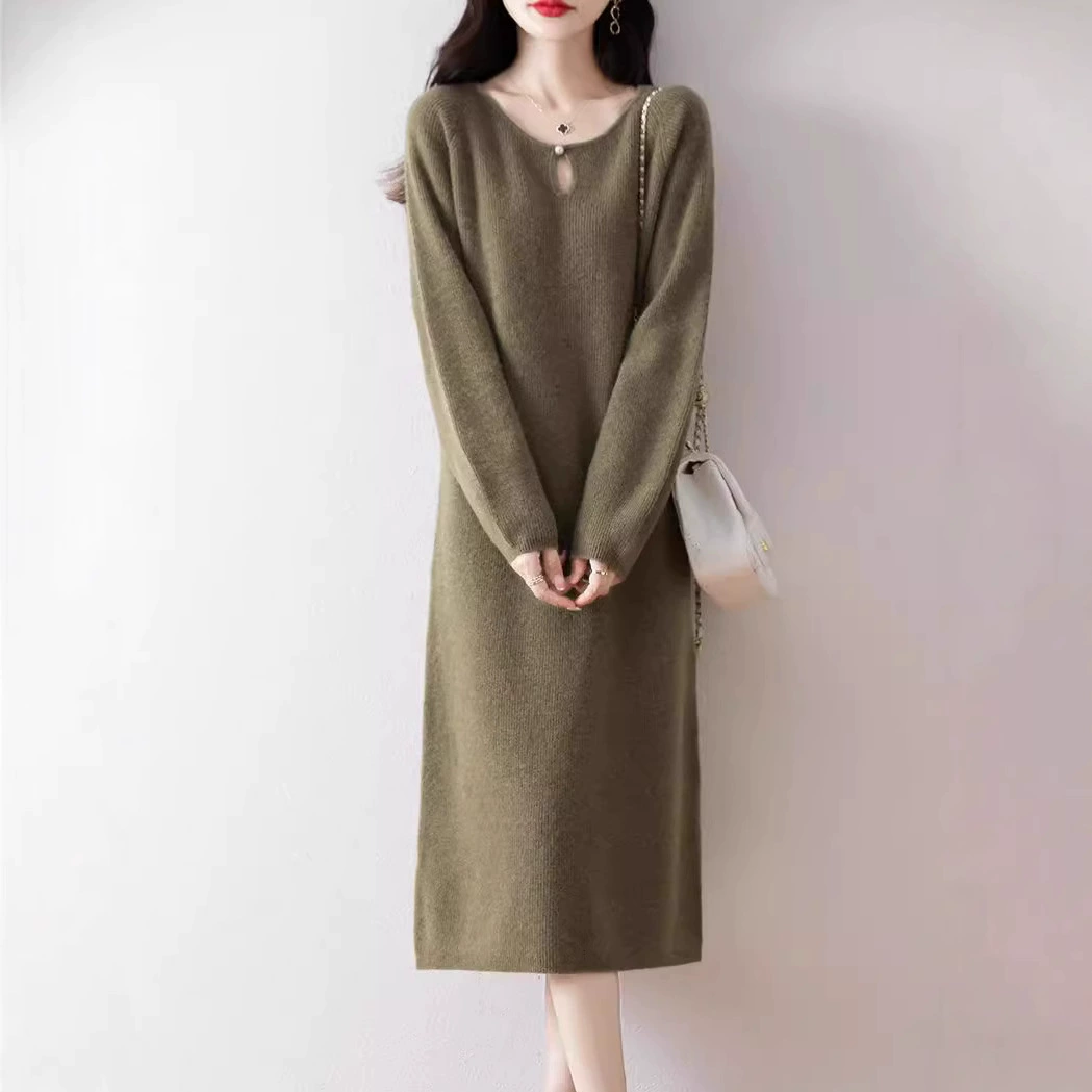 Большой размер с длинными рукавами шерстяное платье с круглым вырезом и свободным коленом