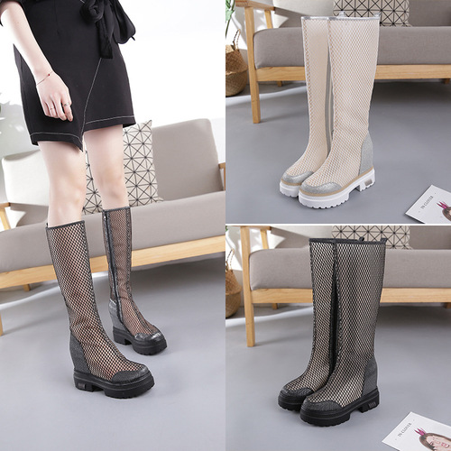 Korean style round toe high boots women's zipper wedge boots mesh breathable casual leather boots