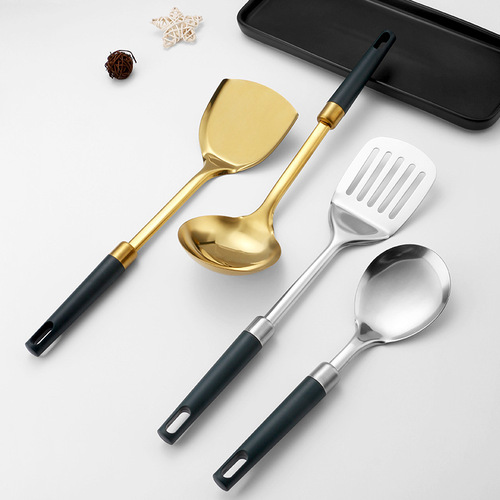 Stainless steel kitchen spatula household cooking spoon steak frying spatula long handle titanium plated cooking spatula kitchen utensil set