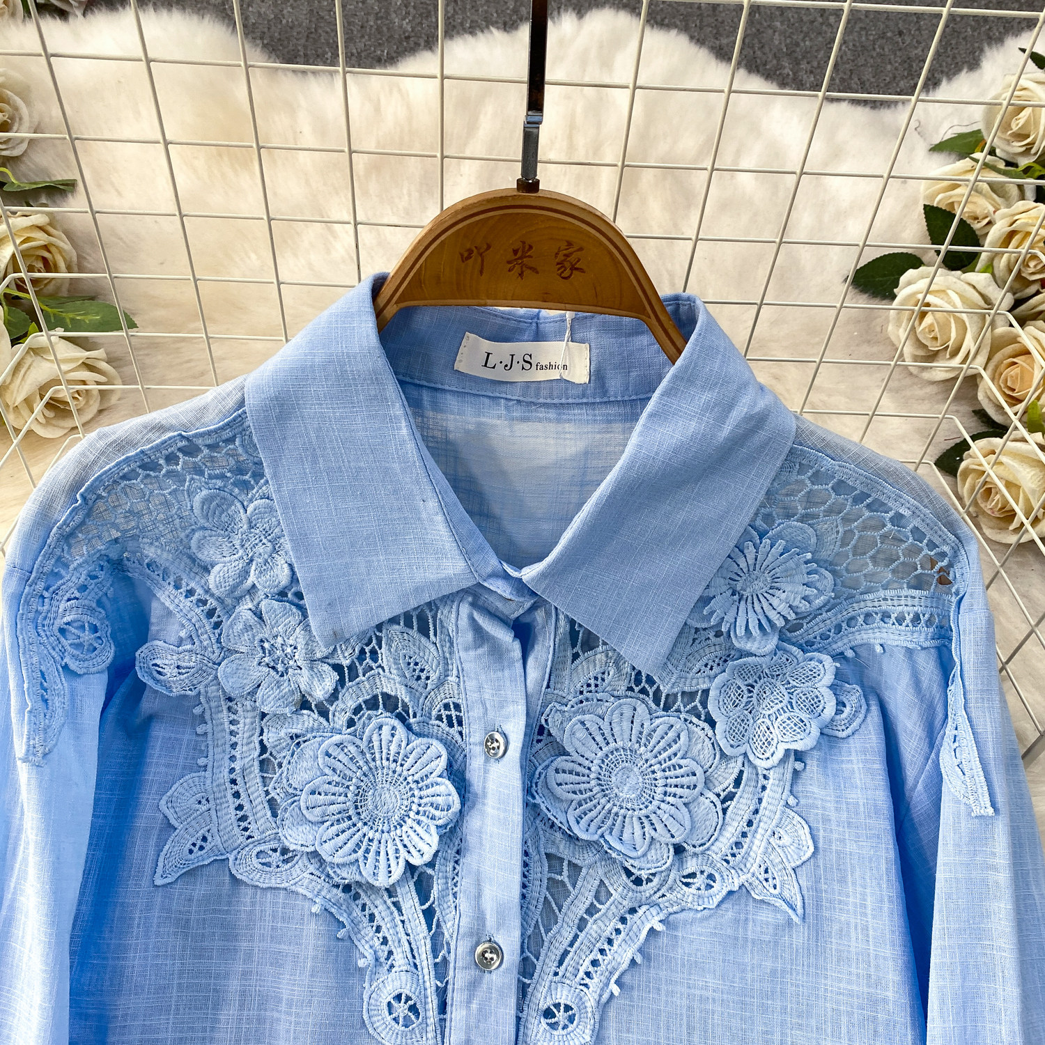 Women's Floral Collared Shirt Breathable Lace Top mid Length Cardigan Coat Casual Style Sun Protection Gentle Hollowed out for Spring And Autumn_ecoleips.com
