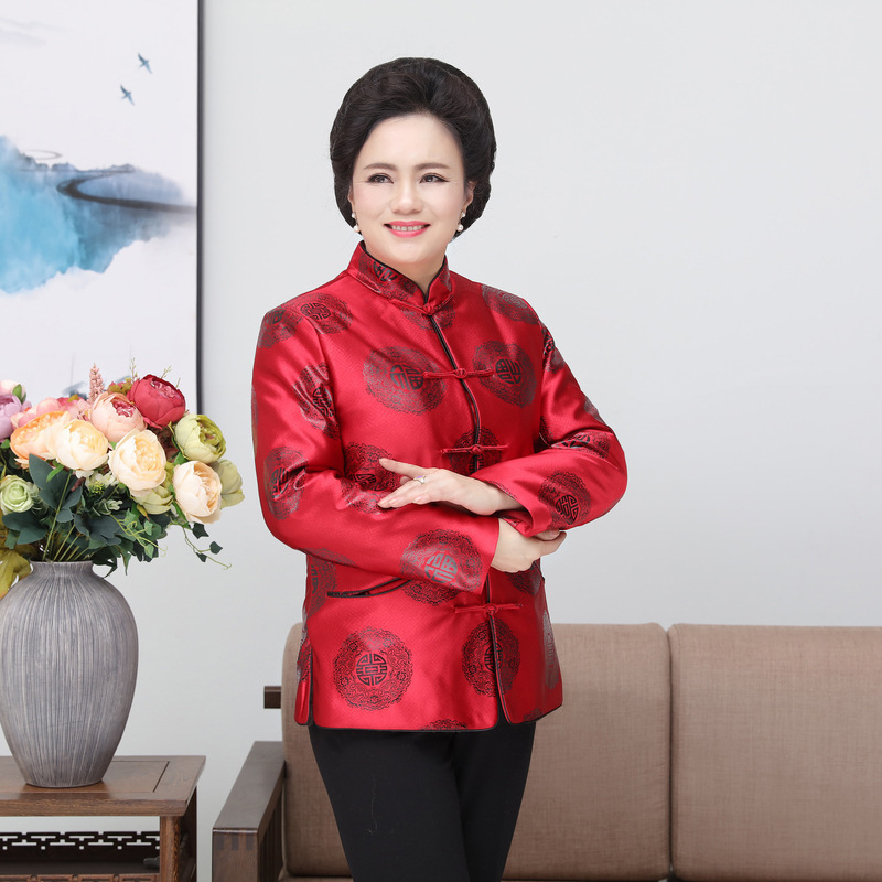 J0080 Autumn and Winter Traditional Chinese Jacket for Middle-Aged and Elderly Women, Grandma's Birthday Banquet Chinese-Style Dress, Elderly Women's Fleece-Lined and Thickened Clothing