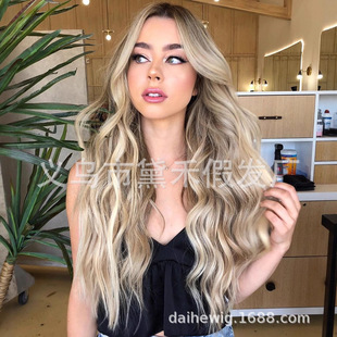 Foreign trade new wig European and American women's long curly hair Golden Brown Gradient fluffy large wave dyed chemical fiber hair