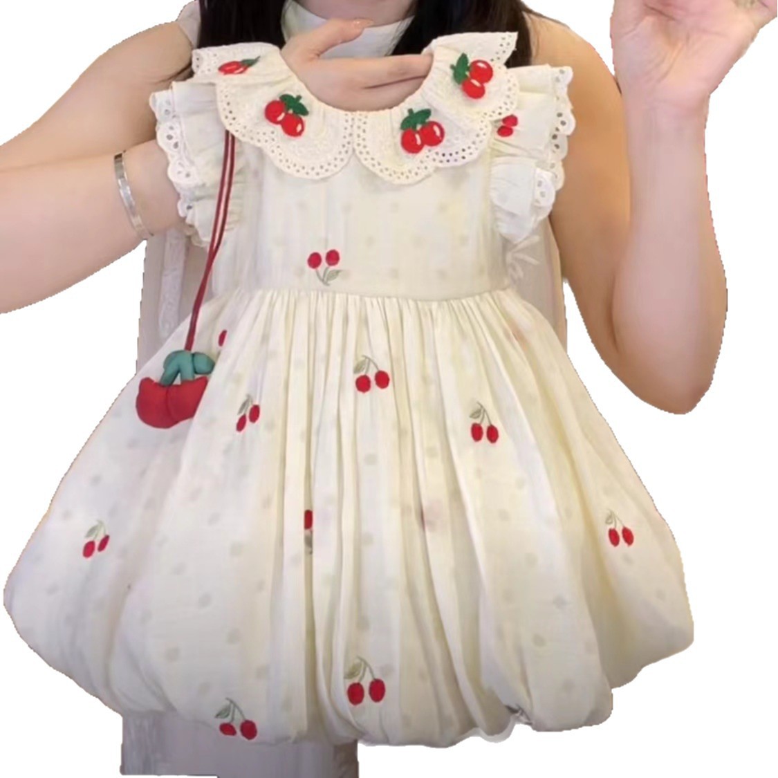 [Bolsos gratis] Vestido floral de cereza para niñas, tesoro femenino, vestido de princesa de capullo de flores de estilo extranjero, falda de verano de bebé