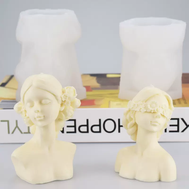 新款减重版闭眼蒙眼少女香薰石膏模具玫瑰花辩子美女蜡烛硅胶模具