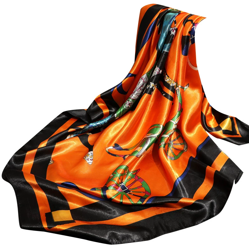 Classic realistic silk carriage, square scarf, 90cm, with neck protection