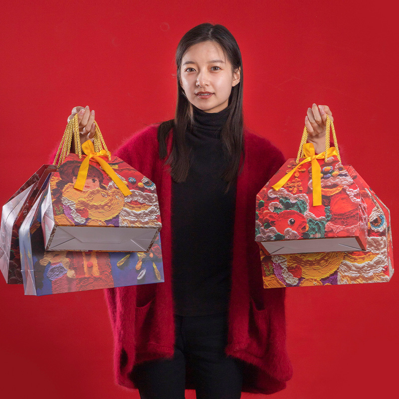 國潮國新年年貨禮袋包裝油畫棒新春禮品袋子手提袋子伴手禮購物袋
