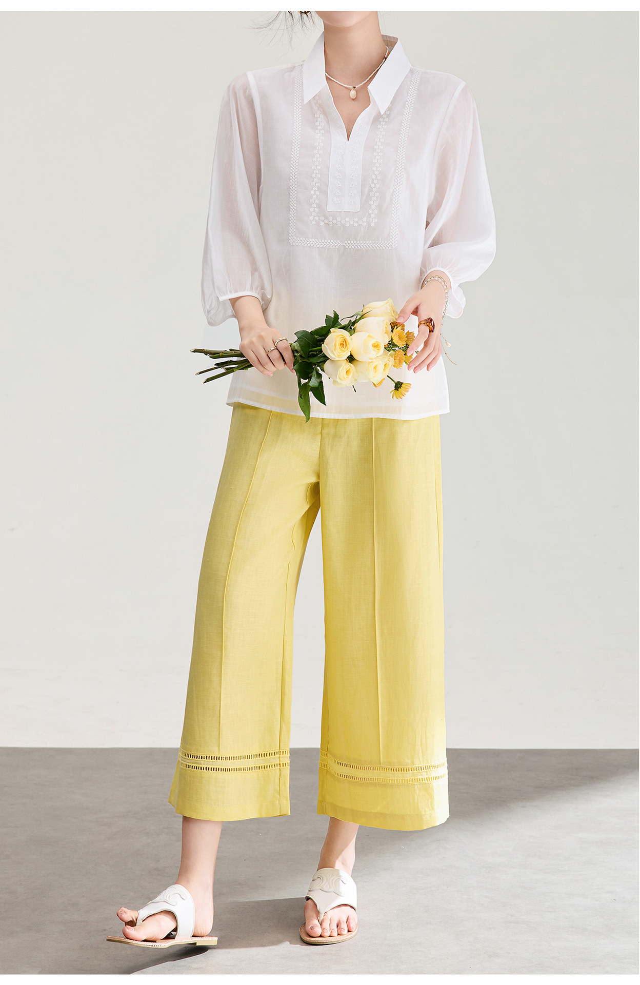 Quần culottes nữ ống rộng dáng dài 9 phần, chất liệu sợi gai dầu mỏng nhẹ mùa hè — màu xanh navy chi tiết 13