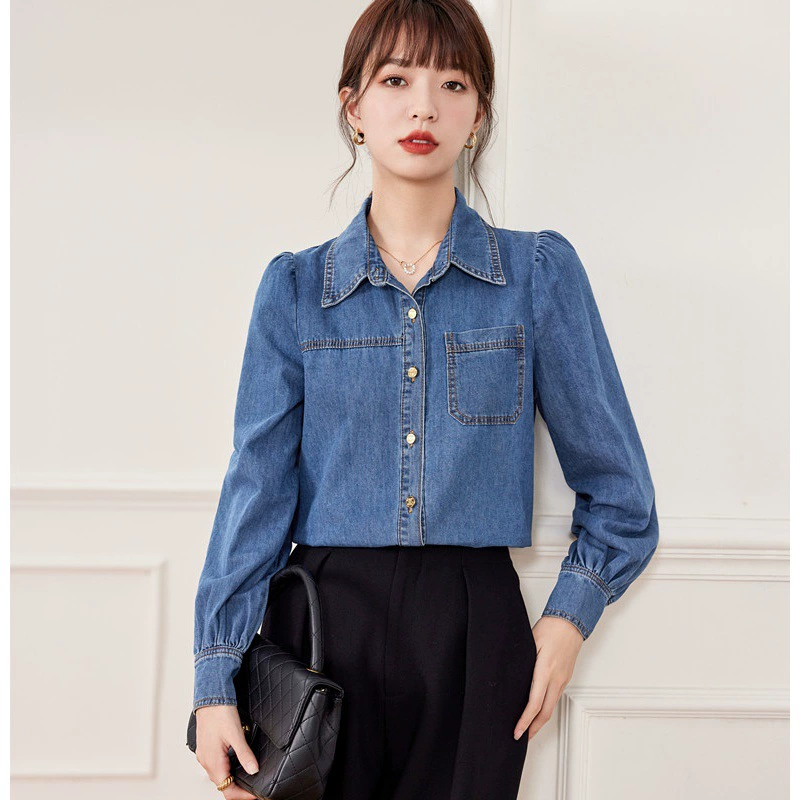 Настоящий выстрел в наличии 2023 осень новая тонкая французская джинсовая рубашка в стиле ретро с пузырьковыми рукавами