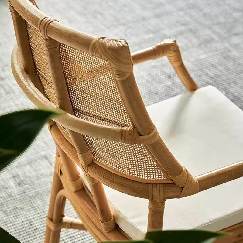 Silla de ocio vintage de ratán natural, sillón individual estilo wabi-sabi para casas de huéspedes y salones de té, silla de comedor de ratán de estilo nórdico japonés.