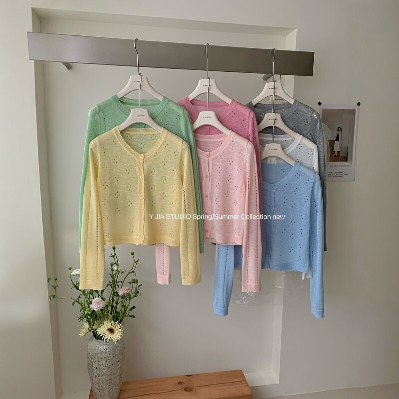 Sweet, Gentle and Cute Little Lace Cut Out Knitted Cardigan for Women Spring Korean Style Simple Pure Color Long-Sleeved Top Sweet, Gentle and Cute Little Lace Cut Out Knitted Cardigan for Women Spring Korean Style Simple Pure Color Long-Sleeved Top