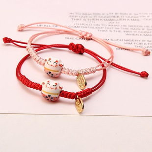 Niche Design Sense Couple Bracelet Women's Handmade Braided Rope Red Rope Lucky Cat Hand Rope Ceramic Handicraft Jewelry