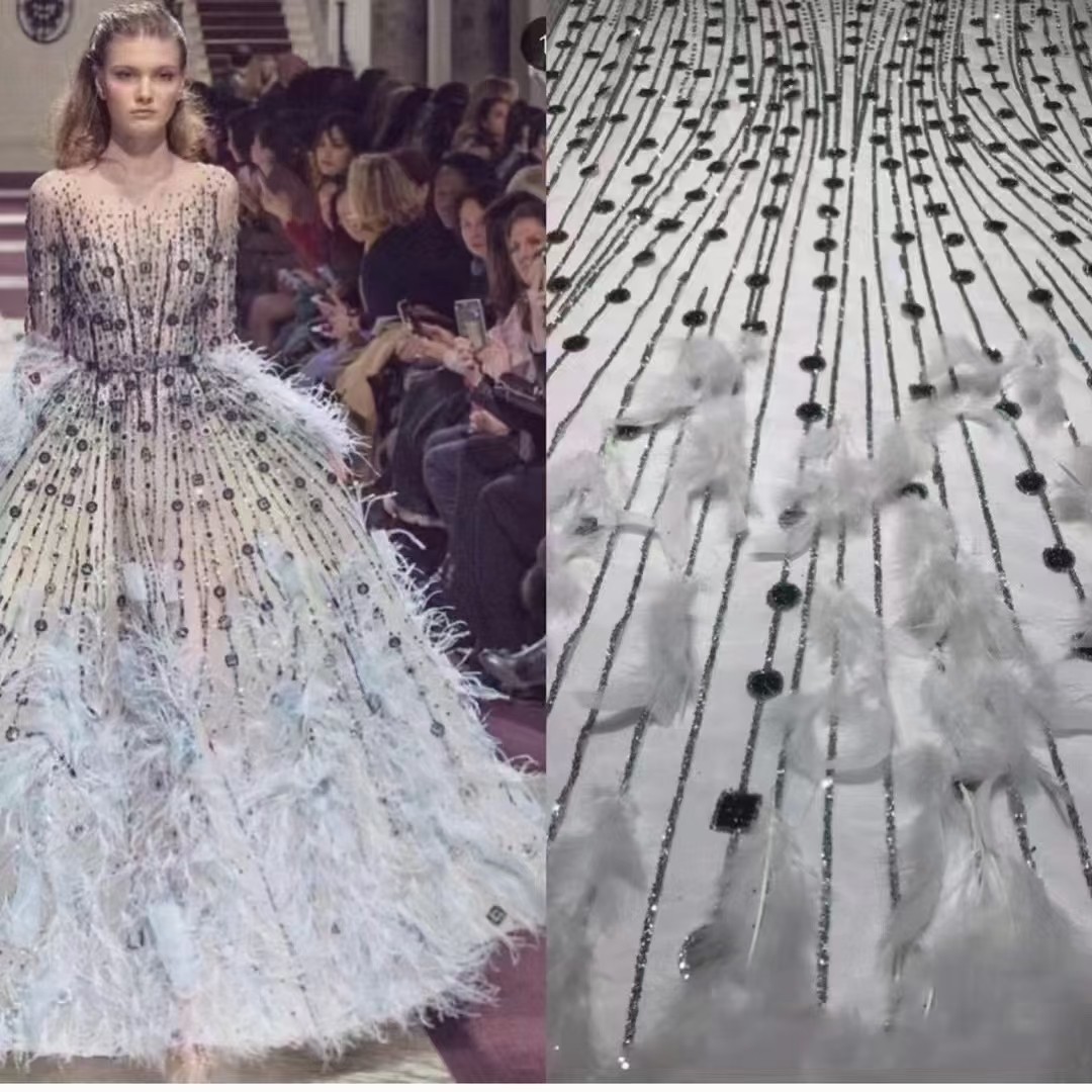 Nuevo lentejuelas pluma encaje tela modelo pasarela moda vestido de novia encaje JX2486