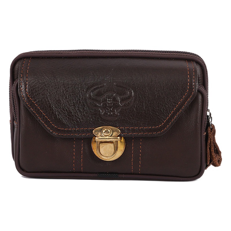 Cowhide Waist Bag Spot Temperament Men's Coin Purse Buckle Horizontal Business Waterproof Multi-Layer Durable Mobile Phone Bag Waist Bag