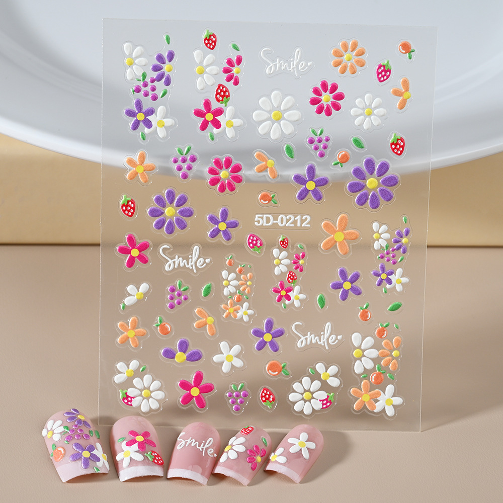 Color flower three-dimensional relief nail stickers spring dopamine color small flowers 5D relief nail stickers wholesale