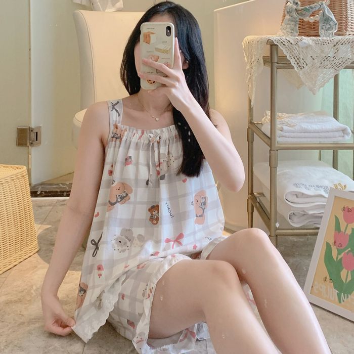 Venta al por mayor transfronteriza verano nuevo pijama mujer pantalones cortos sin mangas lindo estampado de dibujos animados espuma traje de encaje suave