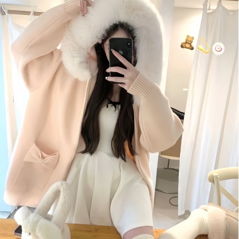 美拉德毛领连帽长袖毛衣外套女冬季新款时尚洋气加厚保暖针织开衫|undefined