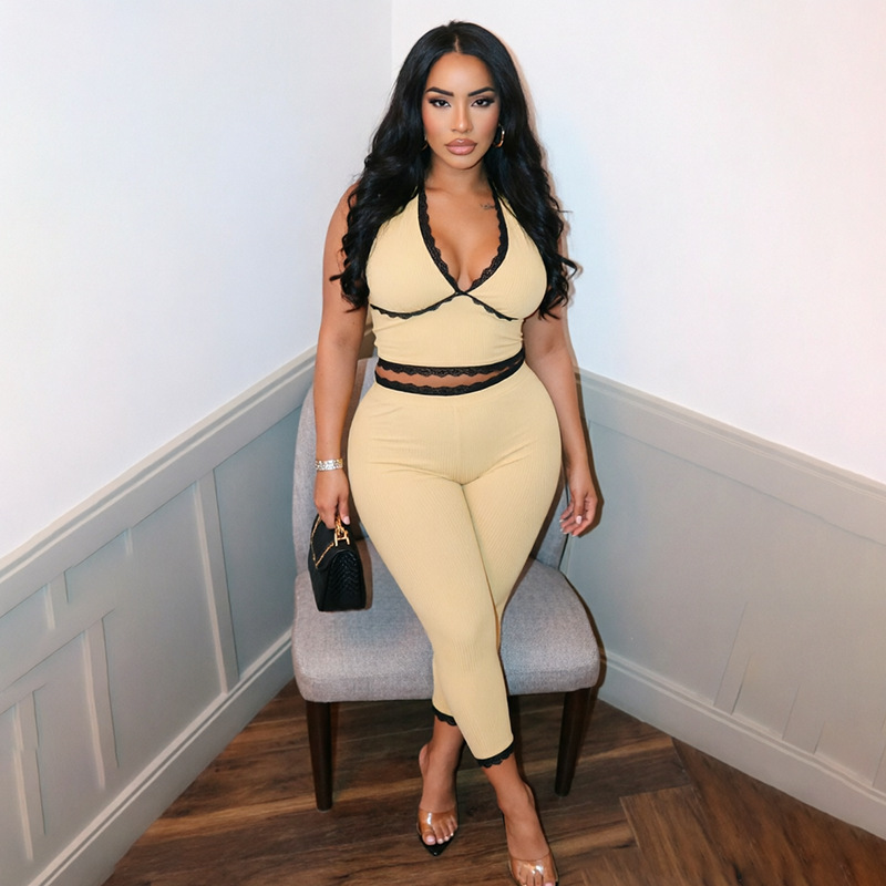 J26St268 European and American Cross-Border Women's Summer Halter Neck Tube Top Backless Lace Trim Ribbed Patchwork Cropped Pants Set J26St268 European and American Cross-Border Women's Summer Halter Neck Tube Top Backless Lace Trim Ribbed Patchwork Cropped Pants Set