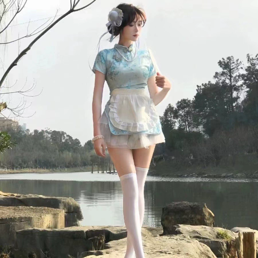 Cheongsam Cosplay Set with Apron and Tights, Lolita/Japanese Style, Fits 80–120 catties