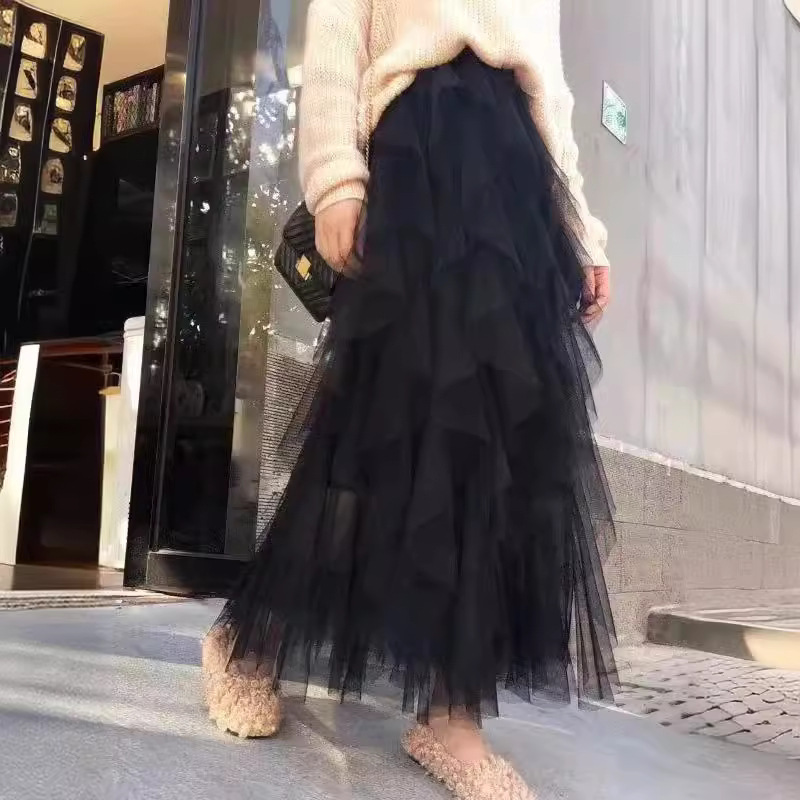 New Irregular High Waist Fluffy Mesh Fashionable Long Dress Elegant Wave Hierarchical Fashion All-match Skirt
