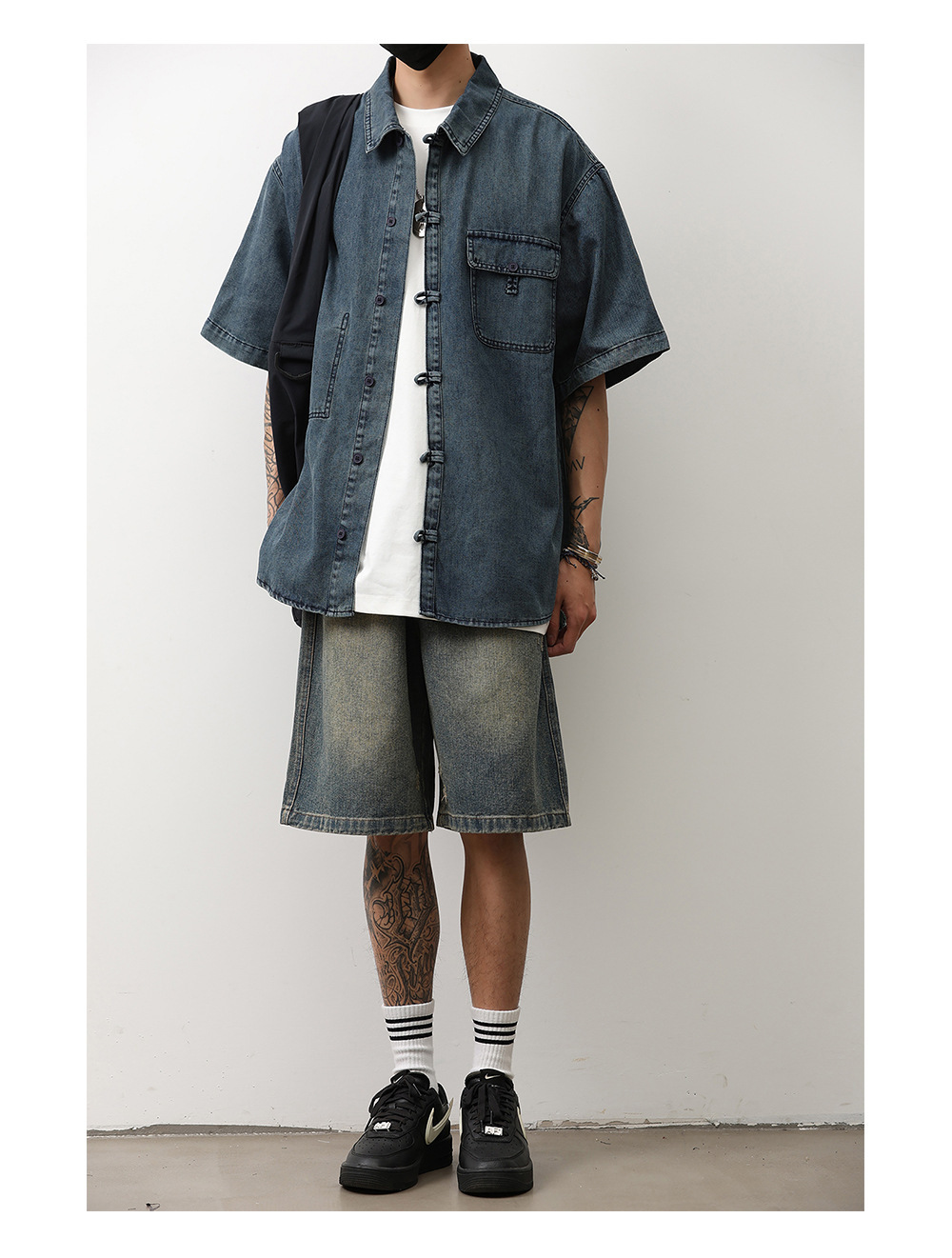 1 Denim Short Sleeve Summer New Chinese Niche Design Button Dark Blue Shirt Men's National Style Jacket Trendy_voghion.com