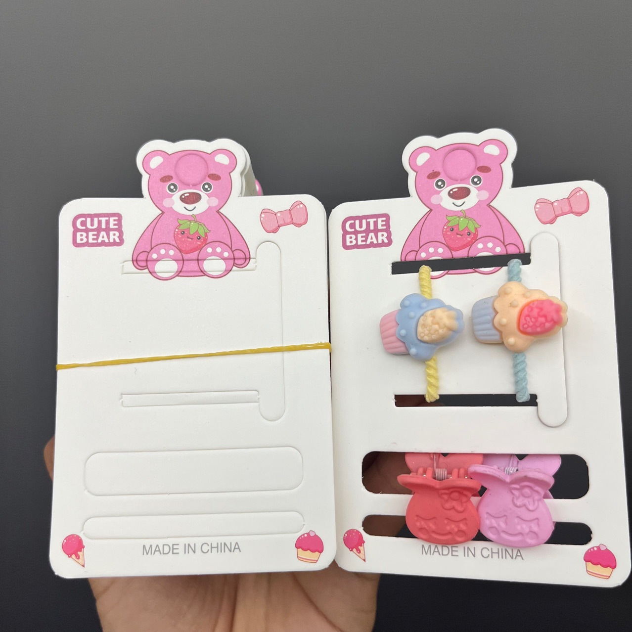 可爱玫红小熊儿童发饰套装卡纸皮筋加小抓夹包装卡片diy吊牌卡头