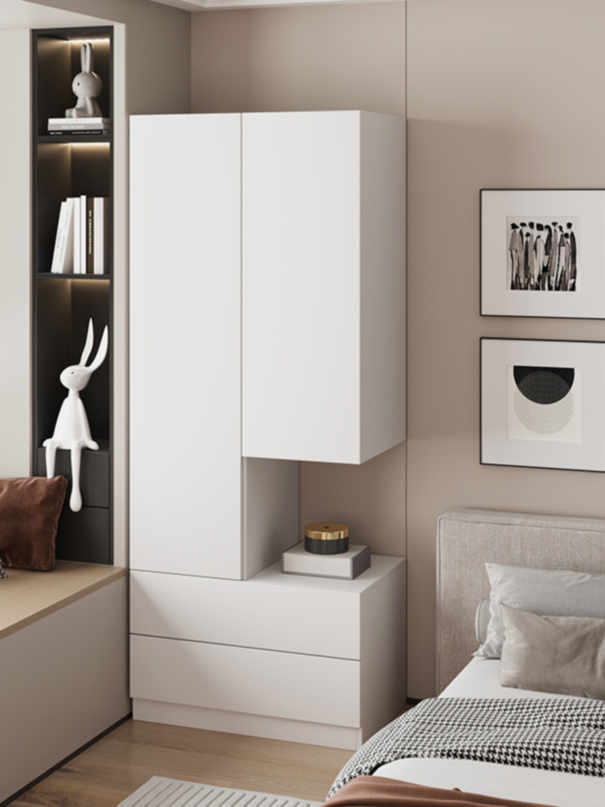 Solid Wood Wardrobe with Bedside Table Integrated Bedroom Single Small Extremely Narrow Mini Home Bedside Cabinet Wall Storage Cabinet