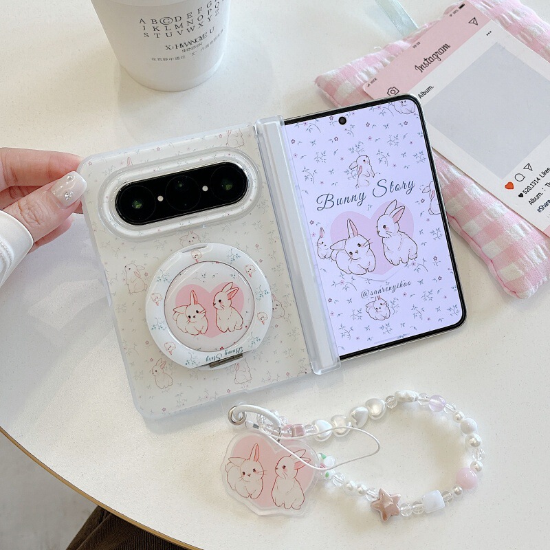 Girly Heartbreak Flower Love Rabbit Case for Huawei Pura Xmax Foldable Screen Mix Flip Phone Case 360 Degree Stand