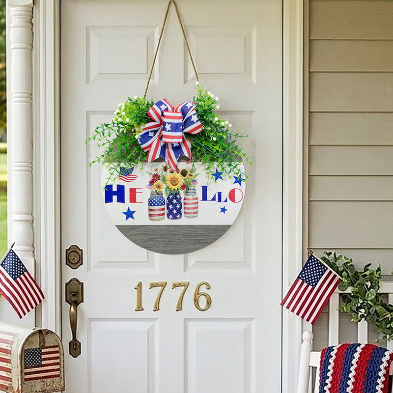 American Independence Day Wreath, American Country-Style Entrance Porch Decoration, July 4Th Patriotic Ornament, Wooden Welcome Door Sign