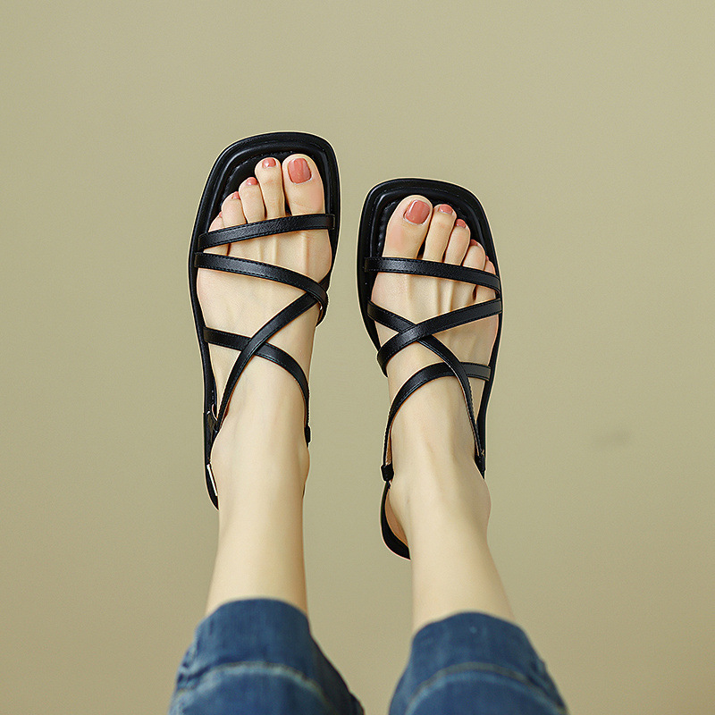 Sandal La Mã dệt cổ điển nữ quai ngang đế bệt — Màu nâu
