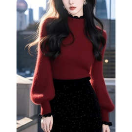 红色半高领毛衣女秋冬软糯慵懒气质内搭上衣本命年圣诞新年针织衫