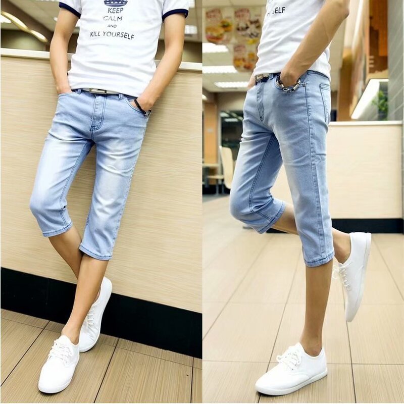 2020 new summer new men's Denim cropped pants small feet slim 7 pants black gray snowflake pants...