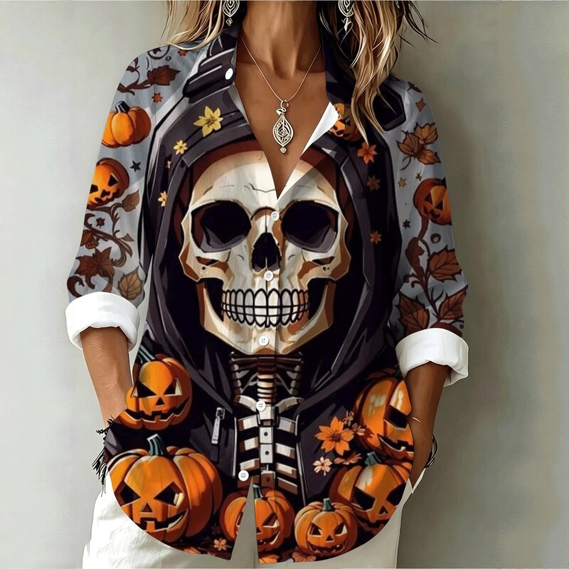 Cross-border Temu hot-selling Halloween women's long-sleeve shirt with skull, pumpkin, and maple leaf prints, loose fit with a turn-down collar