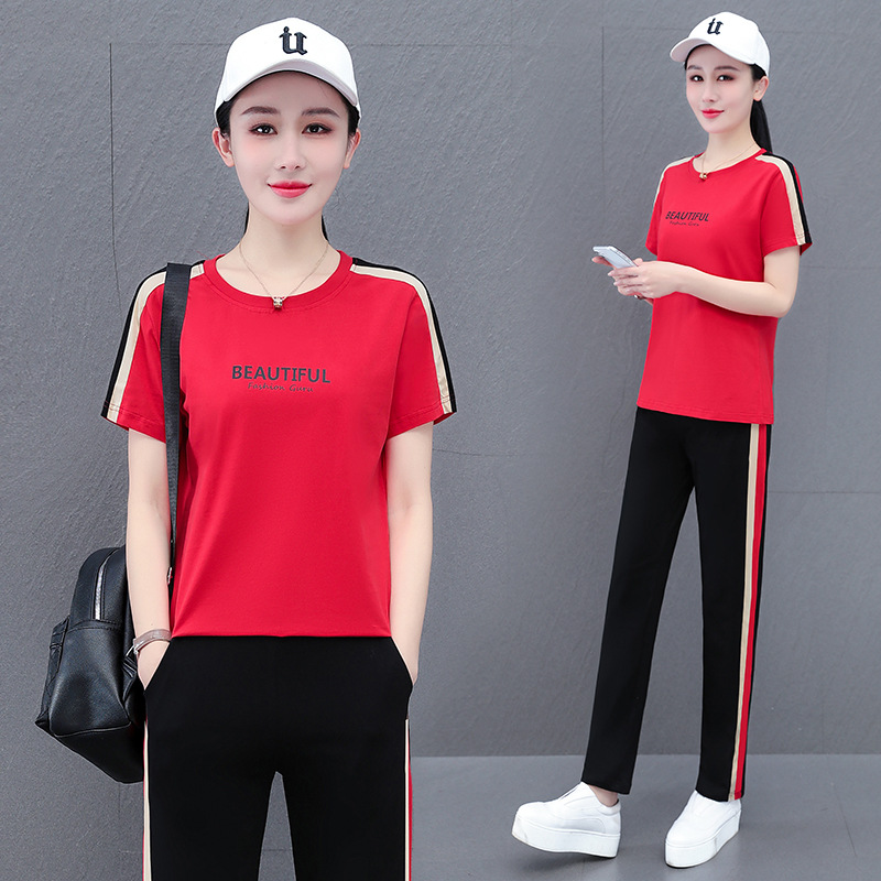 纯棉弹力印花时尚休闲运动套装女夏季中年妈妈广场舞蹈服装两件套