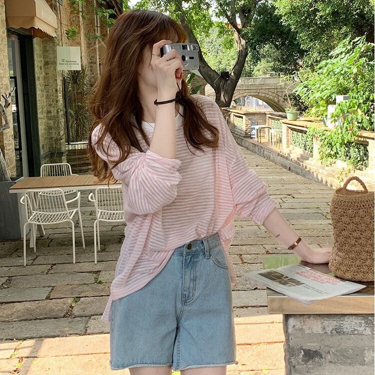 Plus-Size Striped Long-Sleeve T-Shirt for Women, Summer Thin Ice Silk Loose Design, Unique and Stylish Sun-Protective Cover-Up Top