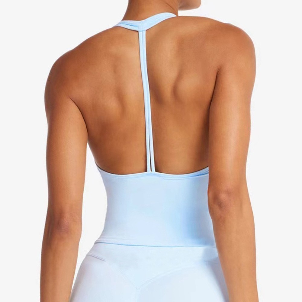 Europa y los Estados Unidos personalizados etiquetados transfronterizos chaleco deportivo mujer con cojín de pecho cuello colgante espalda hermosa cuello en V entrenamiento deportivo de yoga eslingas