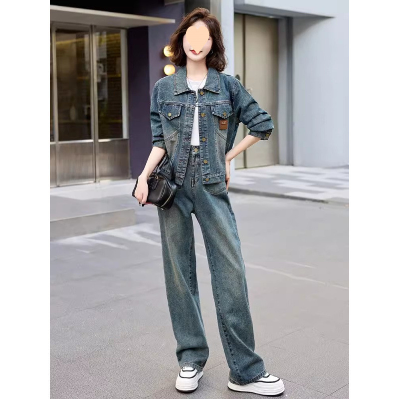 时尚减龄牛仔套装女2025春秋季新款洋气气质显瘦阔腿裤长袖两件套|undefined