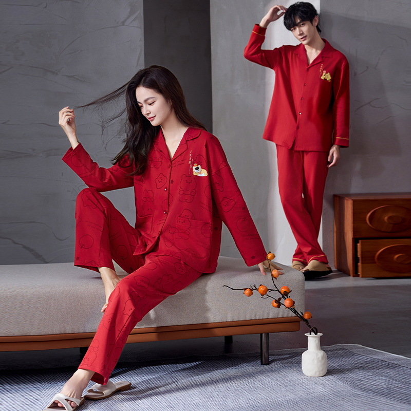 Pijama de algodón femenino primavera y otoño manga larga suelta boda recién casada festiva ropa de casa de hombre rojo pareja dos conjuntos