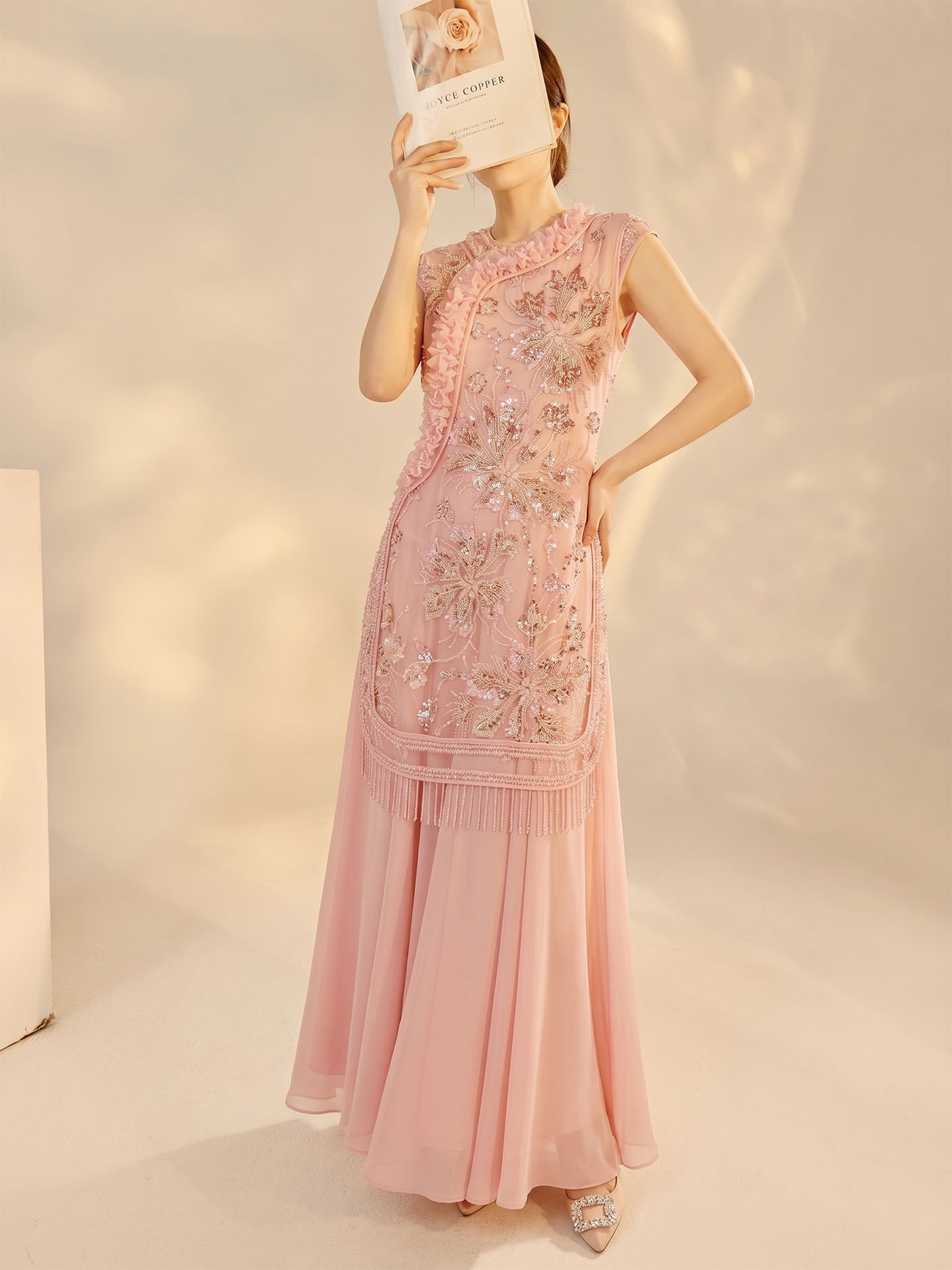 Đầm maxi nữ thêu hoa cao cấp kiểu mới — màu hồng