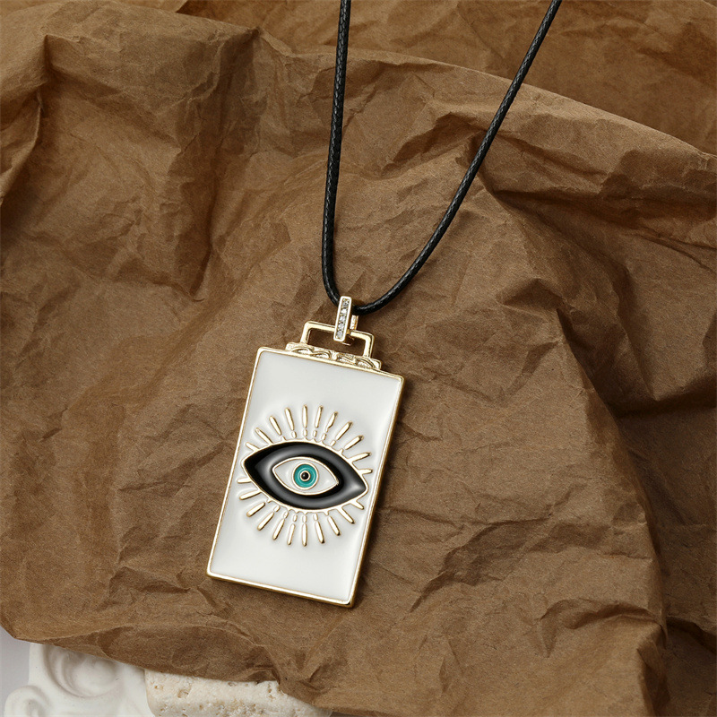 European retro tarot card black rope oil painting eye square pendant necklace