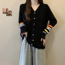 彩色条纹V领黑色针织衫开衫毛衣外套秋冬大码胖mm高级感洋气上衣