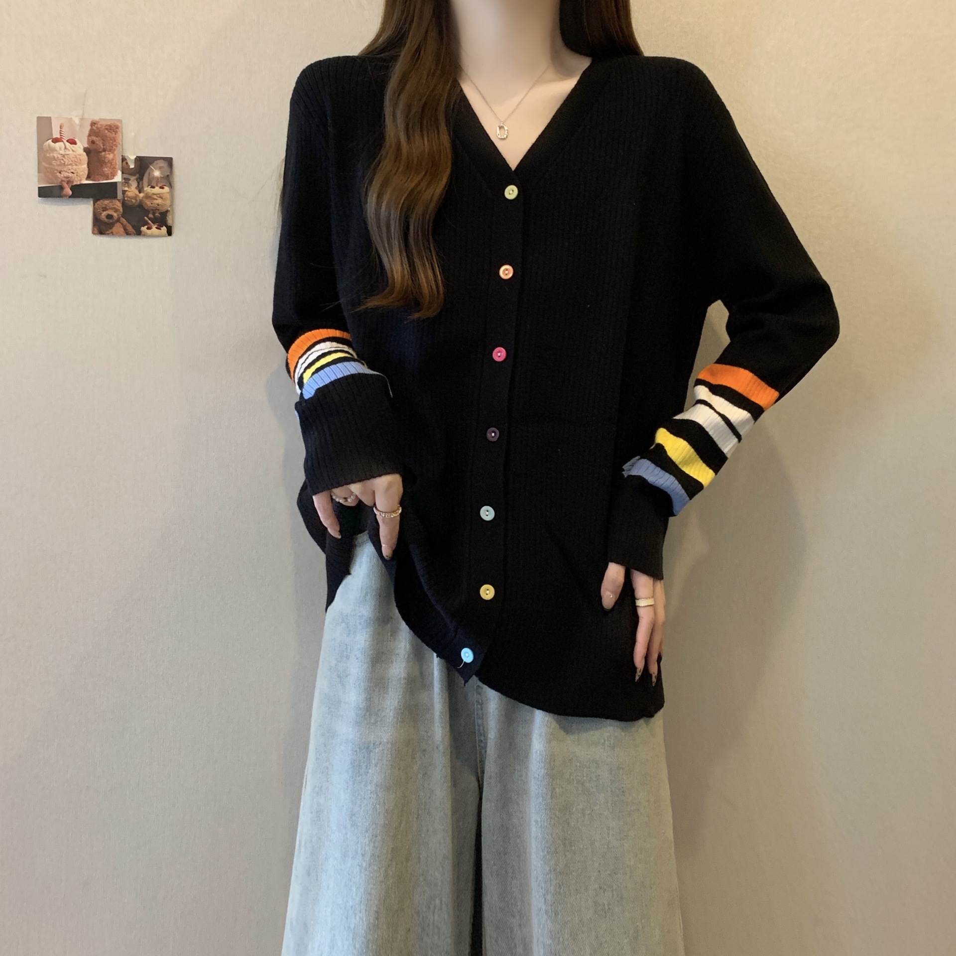 彩色条纹V领黑色针织衫开衫毛衣外套秋冬大码胖mm高级感洋气上衣