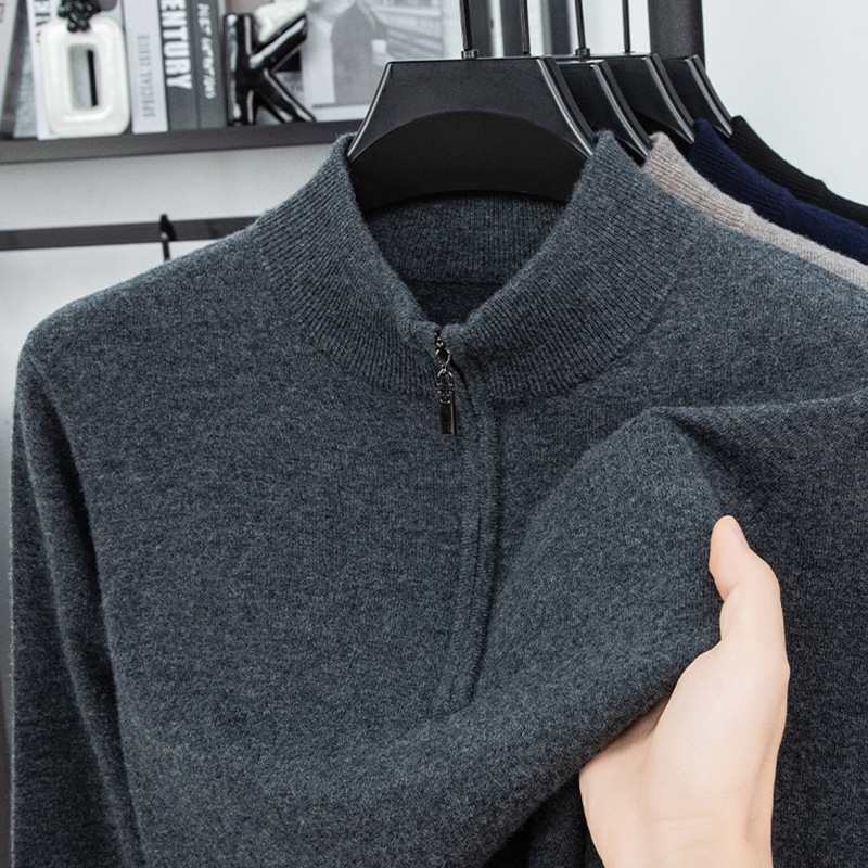 100% Wool Men's Base Layer Thick Sweater Autumn and Winter Men's Half-Zip Stand Collar Warm Knitted Wool Sweater